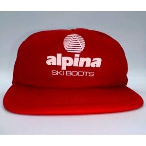 Vintage SnapBack Mesh Back Ad Trucker Hat Cap Red Alpina Ski Boots Skiing EUC